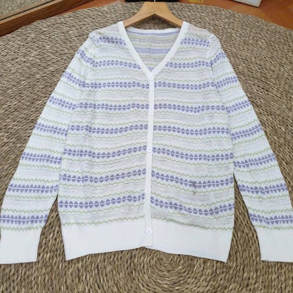 Lavender Green Floral Pattern Open Knit Cardigan